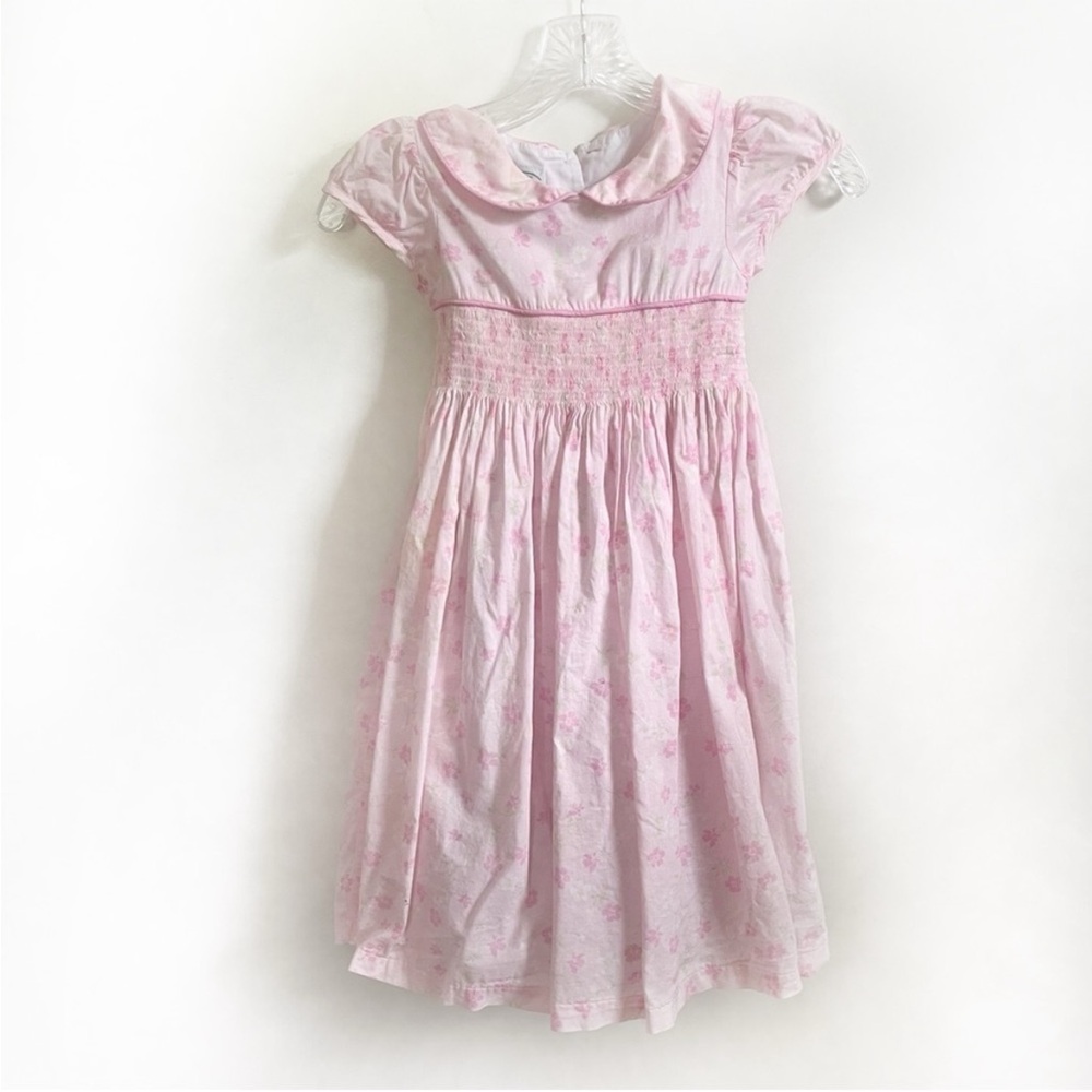 Laura Ashley dress pink floral smocked puff sleeves pleated Peter Pan collar